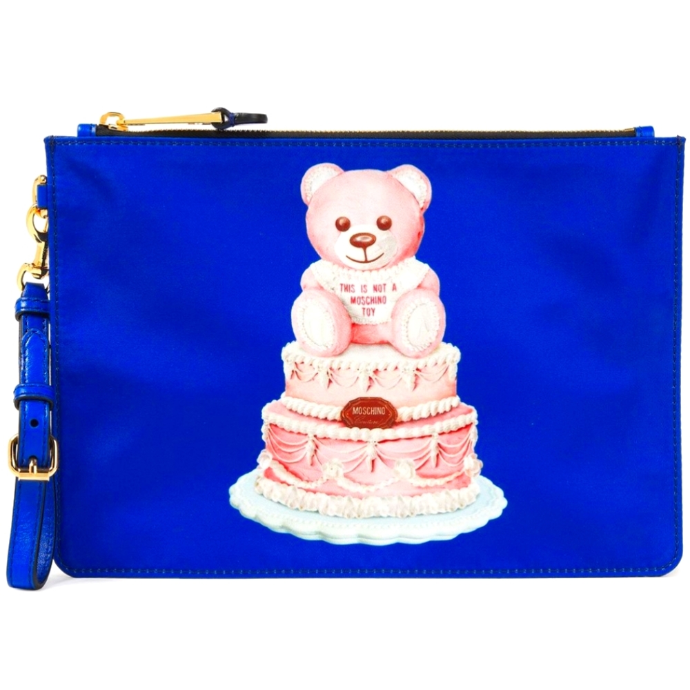 NWT MOSCHINO Teddy Bear Cake Royal Blue Leather Trim Printed Satin Twill Clutch